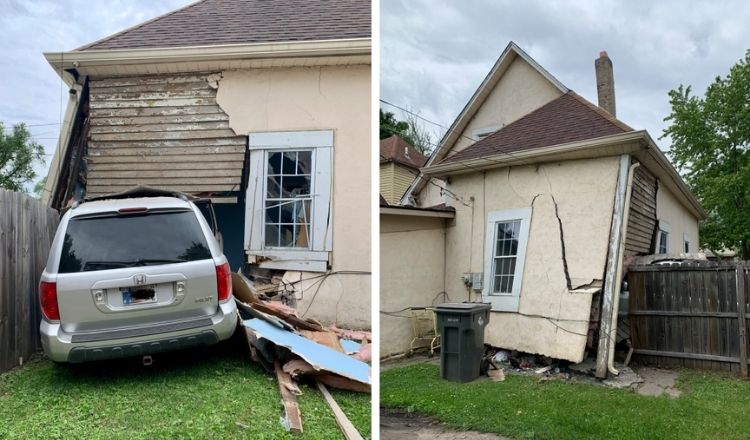 Single-vehicle crash in Indianapolis west side, car hits nearby house causing significant damage