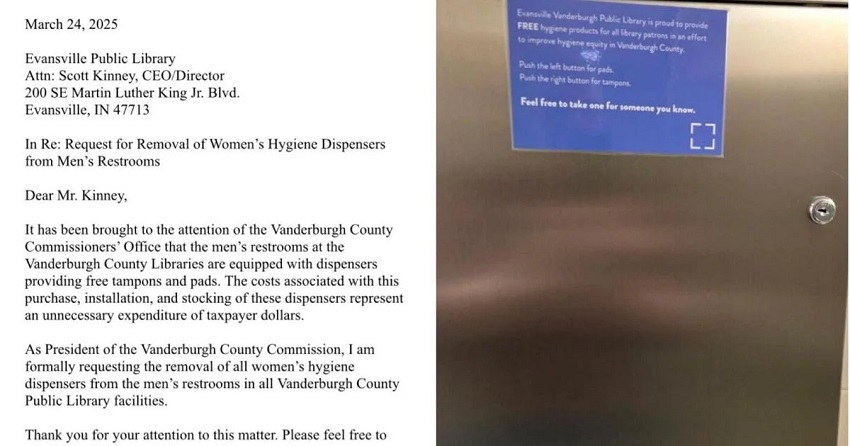 Vanderburgh County Commissioner Requests Removal of Free Hygiene Product Dispensers from Men’s Restrooms at EVPL